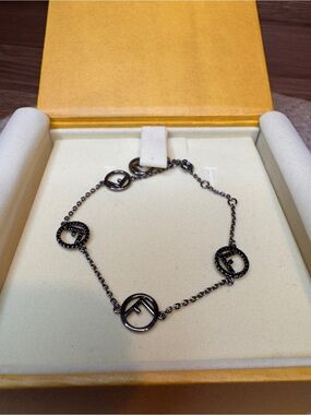 Fendi "F is Fendi" Logo Crystal Chain Bracelet Gunmetal Black with Box